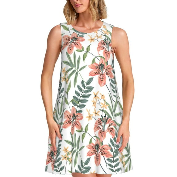Lsque Lilies Flowers Pattern Summer Dresses for Women – Sleeveless T-Shirt Swing Sundress, Perfect for the Beach and Casual Days