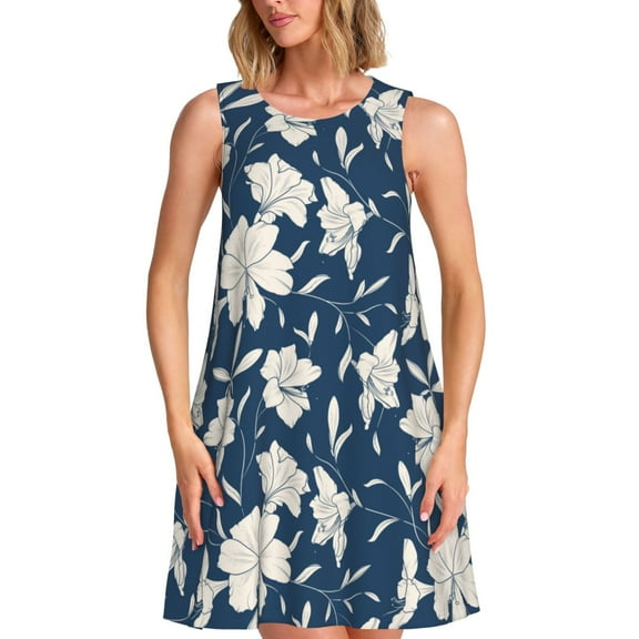 Lsque Lilies Flowers Pattern Summer Dresses for Women – Sleeveless T-Shirt Swing Sundress, Perfect for the Beach and Casual Days