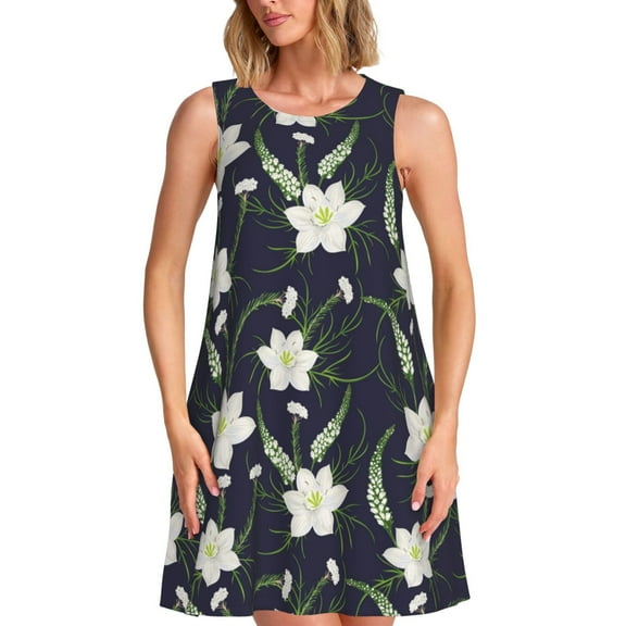 Lsque Lilies Flowers Pattern Summer Dresses for Women – Sleeveless T-Shirt Swing Sundress, Perfect for the Beach and Casual Days