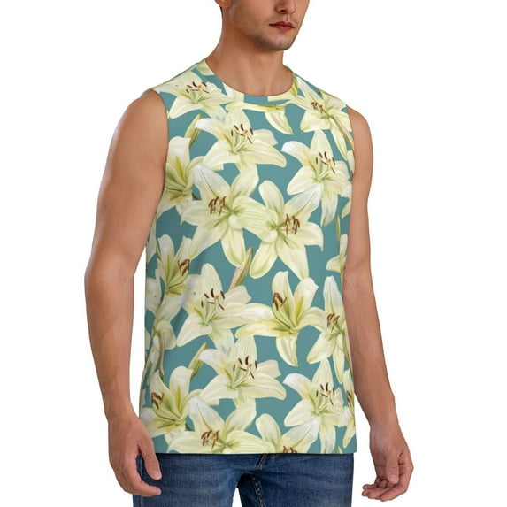 Lsque Lilies Flowers Print Men's Cotton Blend Sleeveless Muscle Shirts (S-3XL)- Moisture Wicking, Odor Protection, UPF 30+,Large