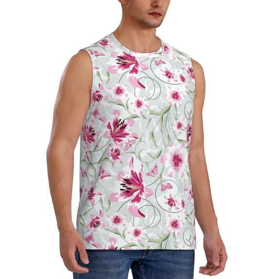 Lsque Lilies Flowers Print Men's Cotton Blend Sleeveless Muscle Shirts (S-3XL)- Moisture Wicking, Odor Protection, UPF 30+,Medium