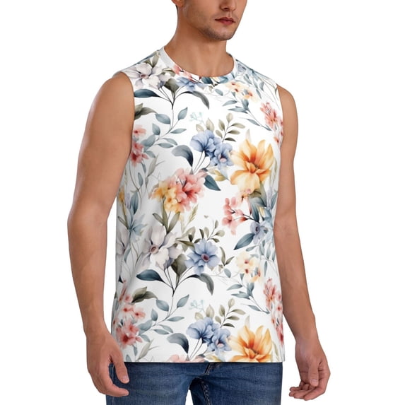 Lsque Lilies Flowers Print Men's Cotton Blend Sleeveless Muscle Shirts (S-3XL)- Moisture Wicking, Odor Protection, UPF 30+,Small