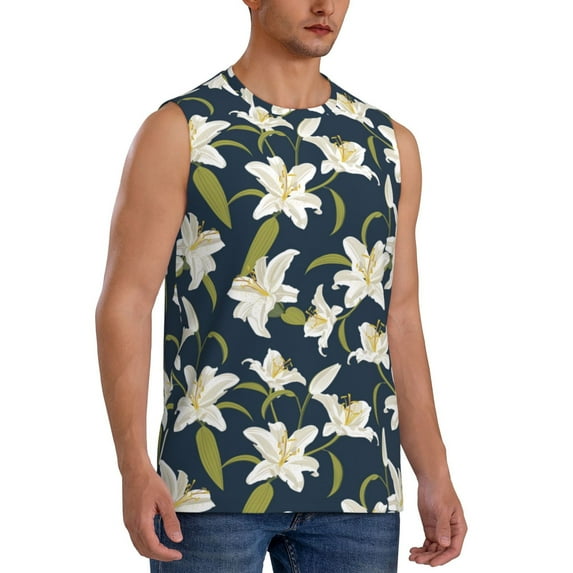 Lsque Lilies Flowers Print Men's Cotton Blend Sleeveless Muscle Shirts (S-3XL)- Moisture Wicking, Odor Protection, UPF 30+,XX-Large