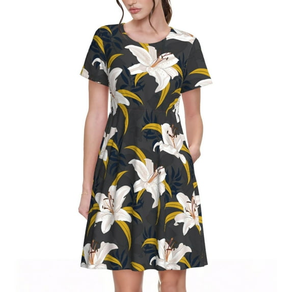 Lsque Lilies Flowers Print Women's Casual Dress T-Shirt Summer Short Sleeve Scoop Neck Swing Dresses