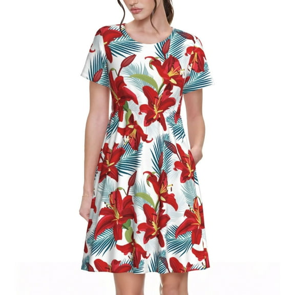 Lsque Lilies Flowers Print Women's Casual Dress T-Shirt Summer Short Sleeve Scoop Neck Swing Dresses