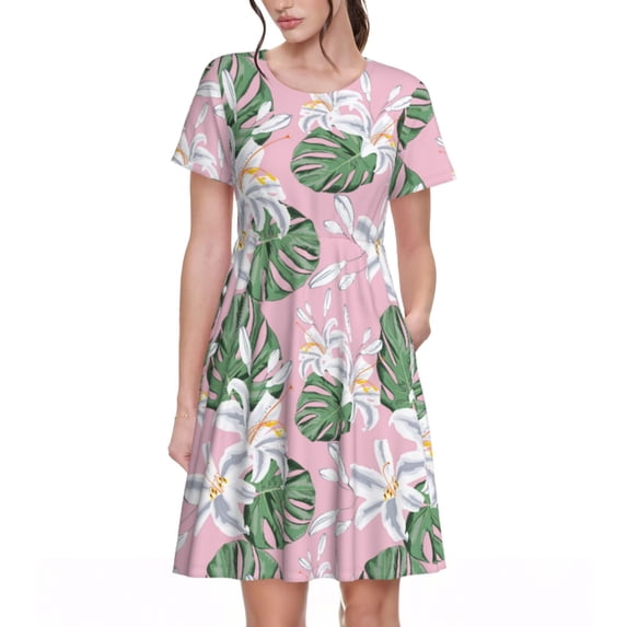 Lsque Lilies Flowers Print Women's Casual Dress T-Shirt Summer Short Sleeve Scoop Neck Swing Dresses