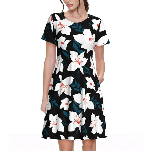 Lsque Lilies Flowers Print Women's Casual Dress T-Shirt Summer Short Sleeve Scoop Neck Swing Dresses