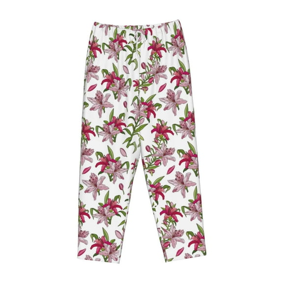 Lsque Lilies Flowers Print Women's Pajama Pants, Lounge Pant - Comfortable Home Wear,Elastic Waistband, Stylish Design-Medium