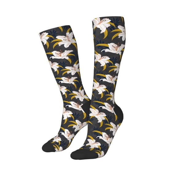 Lsque Lilies Flowers Printed Crew Socks Men's Women's LightWeight Thin Casual Calf Socks ,Knee High Socks,Cotton Socks
