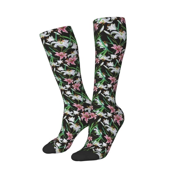 Lsque Lilies Flowers Printed Crew Socks Men's Women's LightWeight Thin Casual Calf Socks ,Knee High Socks,Cotton Socks