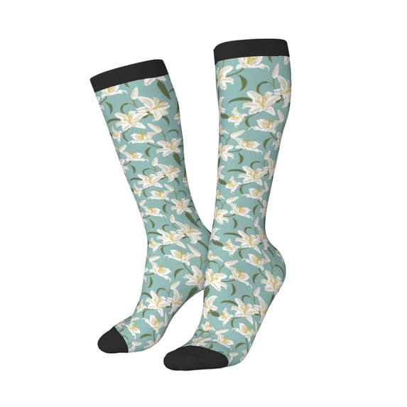 Lsque Lilies Flowers Printed Crew Socks Men's Women's LightWeight Thin Casual Calf Socks ,Knee High Socks,Cotton Socks