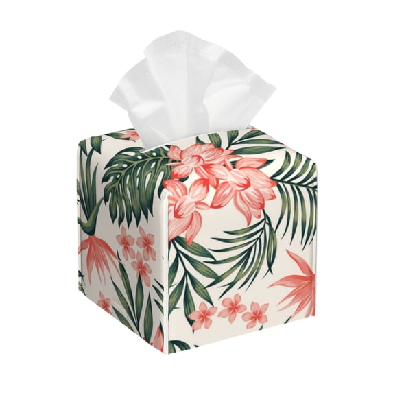 Lsque Lilies Flowers Printed Tissue Box Cover Holder, Facial Paper Organizer Dispenser,Square with Bottom Belt, PVC Leather Decorative Organizer