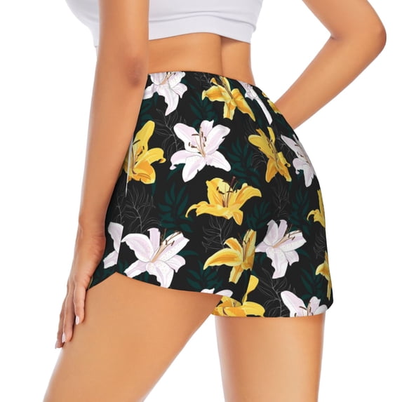 Lsque Lilies Flowers Printed Women's Running Shorts with Liner Pockets,Elastic Quick Dry Workout Athletic Gym Yoga Shorts,Womens High Waist Shorts-XX-Large