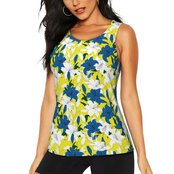 Lsque Lilies Flowers Printed Workout Tank Tops for Women, Athletic Sports Tank Tops, Compression Sleeveless Dry Fit Shirts,Sleeveless Yoga Shirt-X-Large