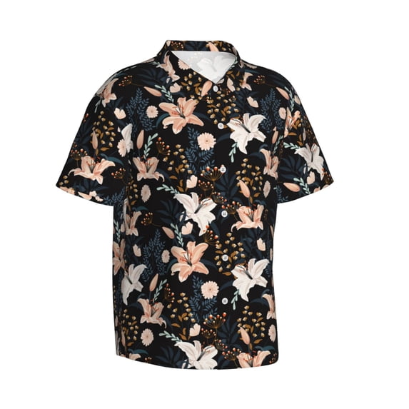 Lsque Lilies Flowers pattern Hawaiian Shirt for Men, Unisex Summer Beach Casual Short Sleeve Button Down Shirts-3X-Large