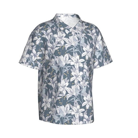 Lsque Lilies Flowers pattern Hawaiian Shirt for Men, Unisex Summer Beach Casual Short Sleeve Button Down Shirts-Large