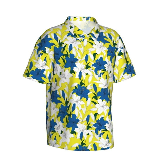 Lsque Lilies Flowers pattern Hawaiian Shirt for Men, Unisex Summer Beach Casual Short Sleeve Button Down Shirts-Large