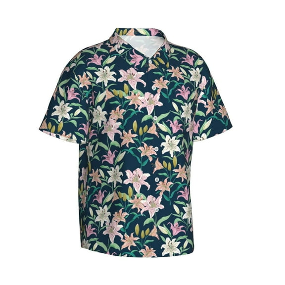 Lsque Lilies Flowers pattern Hawaiian Shirt for Men, Unisex Summer Beach Casual Short Sleeve Button Down Shirts-Large