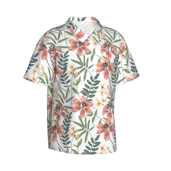 Lsque Lilies Flowers pattern Hawaiian Shirt for Men, Unisex Summer Beach Casual Short Sleeve Button Down Shirts-Medium