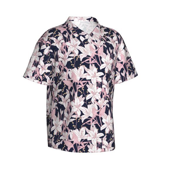 Lsque Lilies Flowers pattern Hawaiian Shirt for Men, Unisex Summer Beach Casual Short Sleeve Button Down Shirts-Small