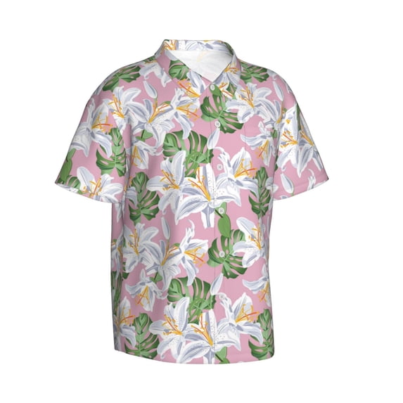 Lsque Lilies Flowers pattern Hawaiian Shirt for Men, Unisex Summer Beach Casual Short Sleeve Button Down Shirts-Small