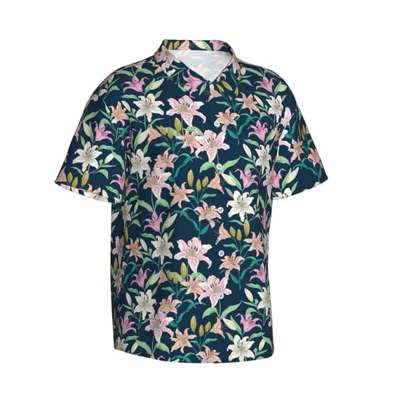 Lsque Lilies Flowers pattern Hawaiian Shirt for Men, Unisex Summer Beach Casual Short Sleeve Button Down Shirts-Small