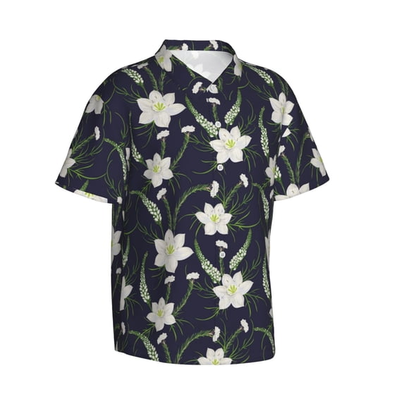 Lsque Lilies Flowers pattern Hawaiian Shirt for Men, Unisex Summer Beach Casual Short Sleeve Button Down Shirts-Small
