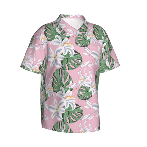 Lsque Lilies Flowers pattern Hawaiian Shirt for Men, Unisex Summer Beach Casual Short Sleeve Button Down Shirts-XX-Large
