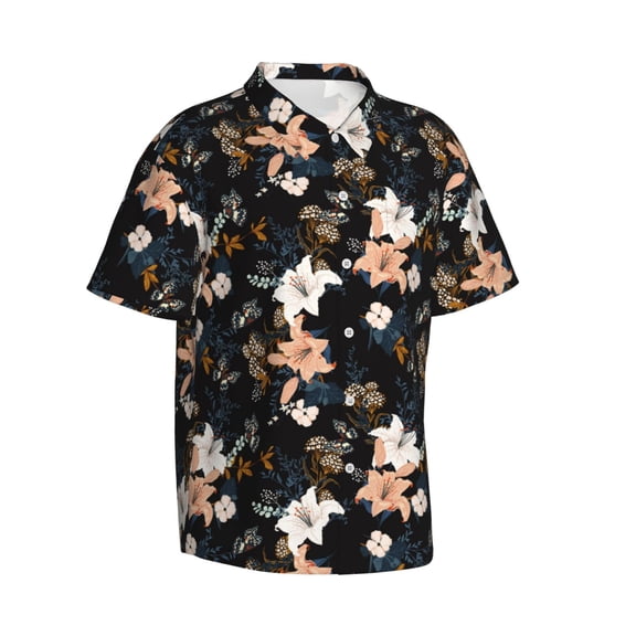 Lsque Lilies Flowers pattern Hawaiian Shirt for Men, Unisex Summer Beach Casual Short Sleeve Button Down Shirts-XX-Large