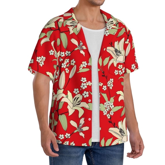 Lsque Lilies Flowers print Men's Cuban Collar Short Sleeve Shirt Summer Beachwear Casual Button Down Fashionable Vacation Leisure Shirt-3X-Large