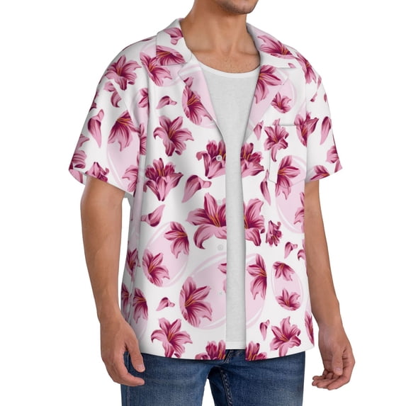 Lsque Lilies Flowers print Men's Cuban Collar Short Sleeve Shirt Summer Beachwear Casual Button Down Fashionable Vacation Leisure Shirt-X-Large
