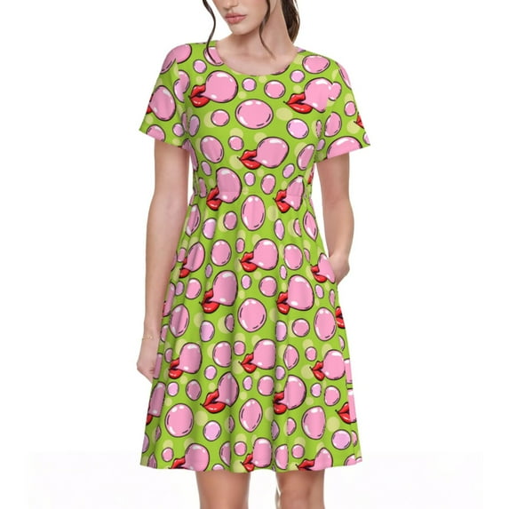 Lsque Lips blowing bubble gum Print Women's Casual Dress T-Shirt Summer Short Sleeve Scoop Neck Swing Dresses