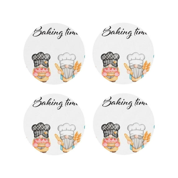 Lsque Little Chef Gnome Pattern 4" Drink Coasters Set of 4, PVC Leather Absorbent Coasters, Table Coaster Set Decorative Coffee Cup Coasters Housewarming Gift -Round Shape