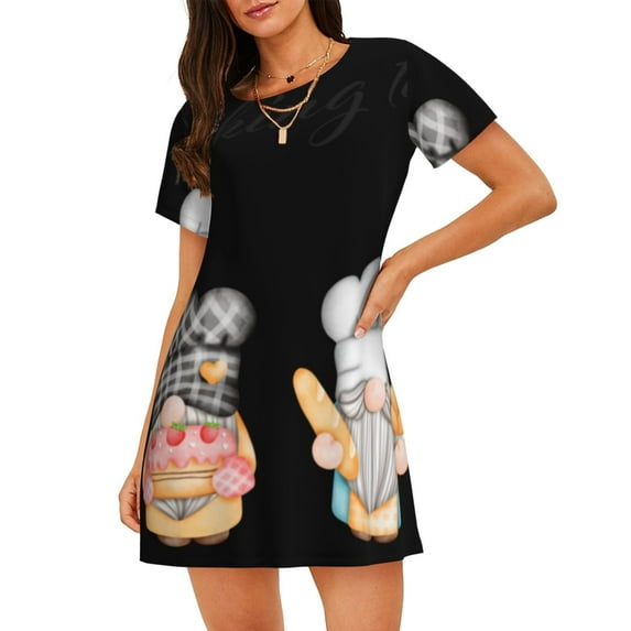 Lsque Little Chef Gnome Pattern Nightgowns for Women Sleep Shirts Short Sleeve Nightshirt Pullover Nightdress Soft Sleepwear Relaxed Fit Nightdress
