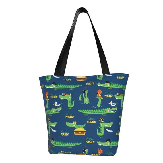 Lsque Little Pirate Crocodile Pattern Beach Tote,Shoulder Handbag,Spacious Tote Bag,Lightweight Travel Bag,Versatile Shopping Bag