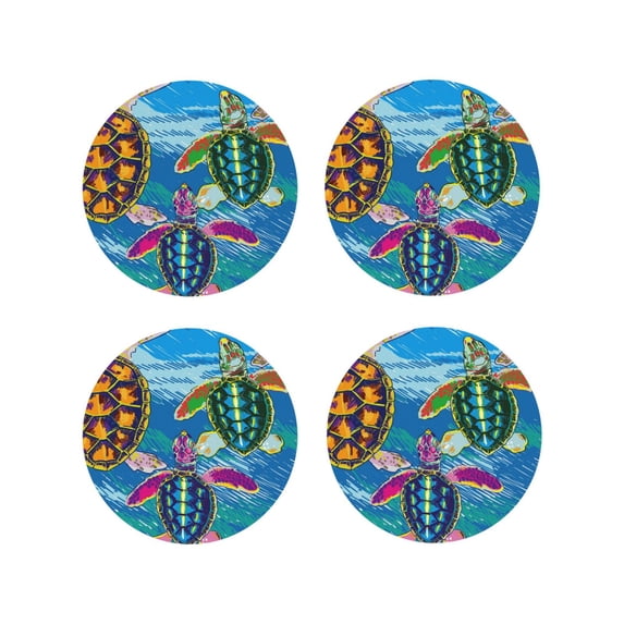 Lsque Little Sea Turtles Pattern 4" Drink Coasters Set of 4, PVC Leather Absorbent Coasters, Table Coaster Set Decorative Coffee Cup Coasters Housewarming Gift -Round Shape