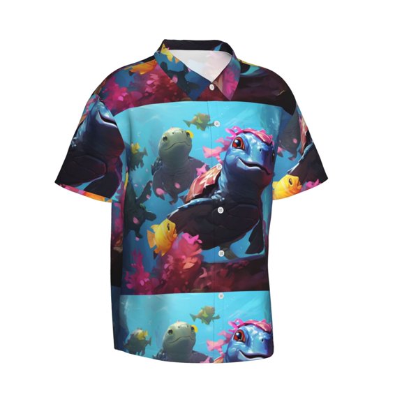 Lsque Lively Cute Turtle pattern Hawaiian Shirt for Men, Unisex Summer Beach Casual Short Sleeve Button Down Shirts-XX-Large