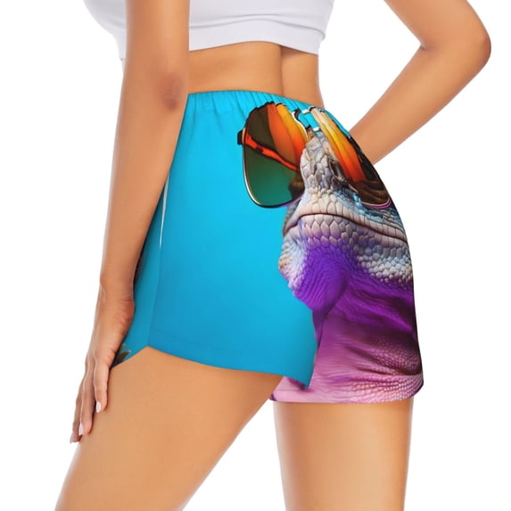 Lsque Lizard With Sunglasses Colorful Printed Women's Running Shorts with Liner Pockets,Elastic Quick Dry Workout Athletic Gym Yoga Shorts,Womens High Waist Shorts-Large