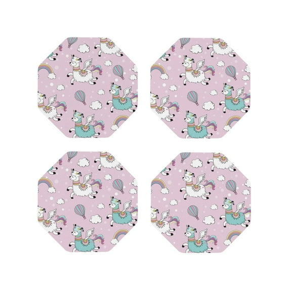Lsque Llama Unicorn and Rainbow Pattern 4" Drink Coasters Set of 4, PVC Leather Absorbent Coasters, Table Coaster Set Decorative Coffee Cup Coasters Housewarming Gift -Octagon