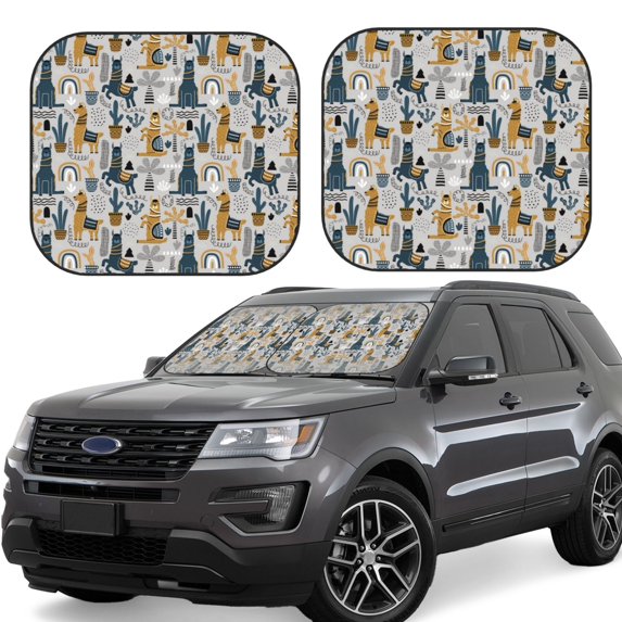 Lsque Llama and Cactus1 2 PCS Windshield Sun Shade | CarFoldable Window Covers | Car Accessories Reflect UV for Universal Cars SUV Truck | Small