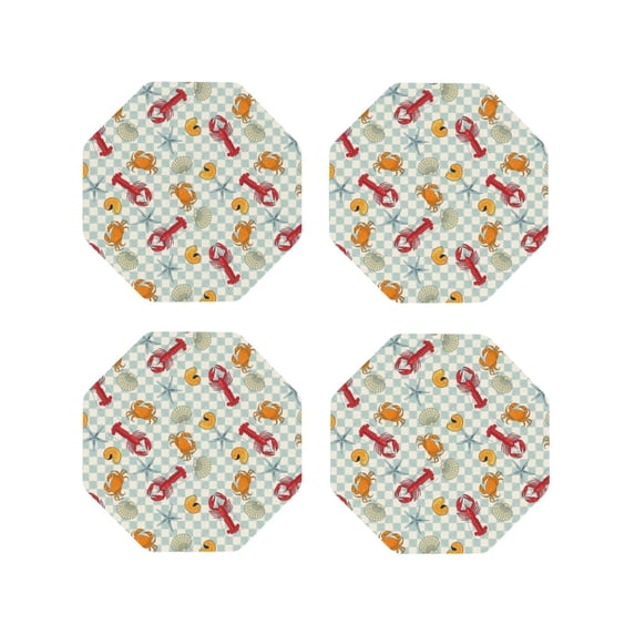 Lsque Lobster Sea Shell Pattern 4" Drink Coasters Set of 4, PVC Leather Absorbent Coasters, Table Coaster Set Decorative Coffee Cup Coasters Housewarming Gift -Octagon