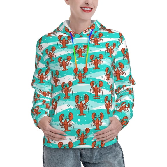 Lsque Lobsters Of Turquoise Waves Pattern Casual Women's Hoodie,Hooded Sweatshirt with Kangaroo Pocket,Pullover Hoodie with Eye-catching Drawstrings-XX-Large