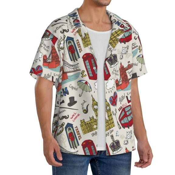 Lsque London Landmark1 print Men's Cuban Collar Short Sleeve Shirt Summer Beachwear Casual Button Down Fashionable Vacation Leisure Shirt-3X-Large