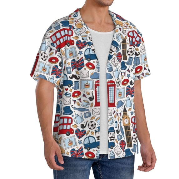 Lsque London Symbols1 print Men's Cuban Collar Short Sleeve Shirt Summer Beachwear Casual Button Down Fashionable Vacation Leisure Shirt-Medium