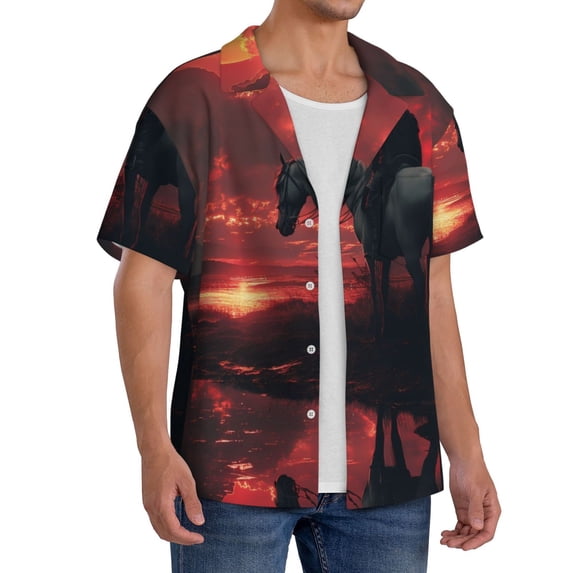 Lsque Lone Rider Under Red Sky print Men's Cuban Collar Short Sleeve Shirt Summer Beachwear Casual Button Down Fashionable Vacation Leisure Shirt-XX-Large