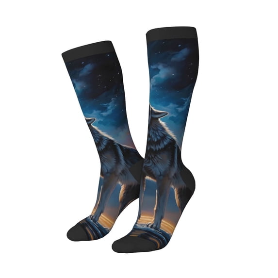 Lsque Lonely Night Sky Wolf Printed Crew Socks Men's Women's LightWeight Thin Casual Calf Socks ,Knee High Socks,Cotton Socks