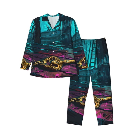 Lsque Lost Golden Key Pattern Long Sleeve Pajama Set for Men - Soft 2-Piece Sleepwear and Loungewear Set with Pockets, Comfy Nightwear-Medium