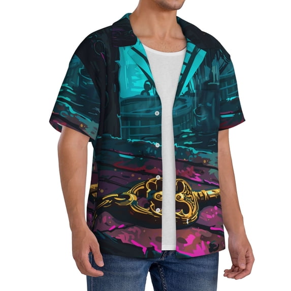 Lsque Lost Golden Key print Men's Cuban Collar Short Sleeve Shirt Summer Beachwear Casual Button Down Fashionable Vacation Leisure Shirt-3X-Large