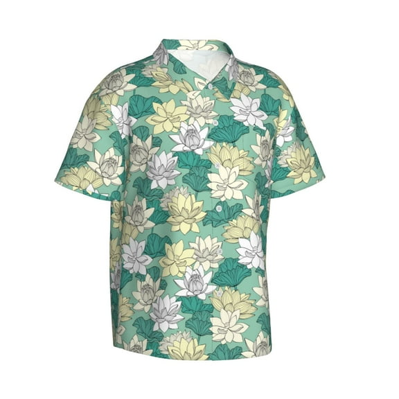 Lsque Lotus Flower1 pattern Hawaiian Shirt for Men, Unisex Summer Beach Casual Short Sleeve Button Down Shirts-Large