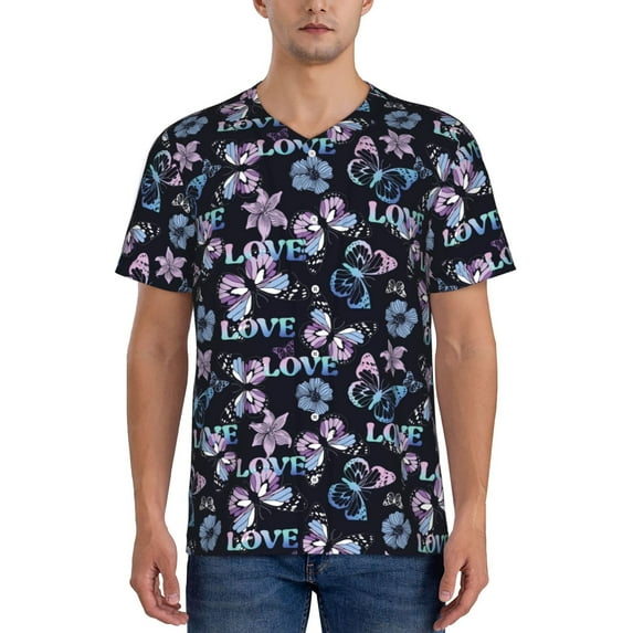 Lsque Love Butterflies Pattern Mens Polo Golf Shirts Funny Graphics Shorts Sleeve Button Shirts Baseball T-shirt-4X-Large